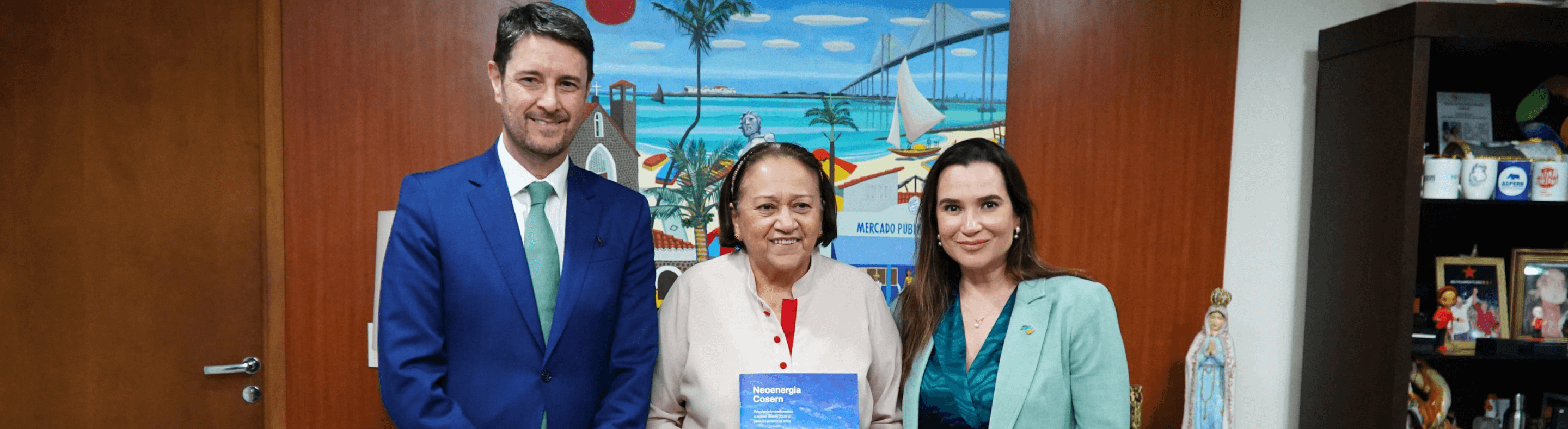 Eduardo Capelastegui (CEO da Neoenergia), Fátima Bezerra (Governadora do RN) e Fabiana Lopes (Presidente da Cosern)
