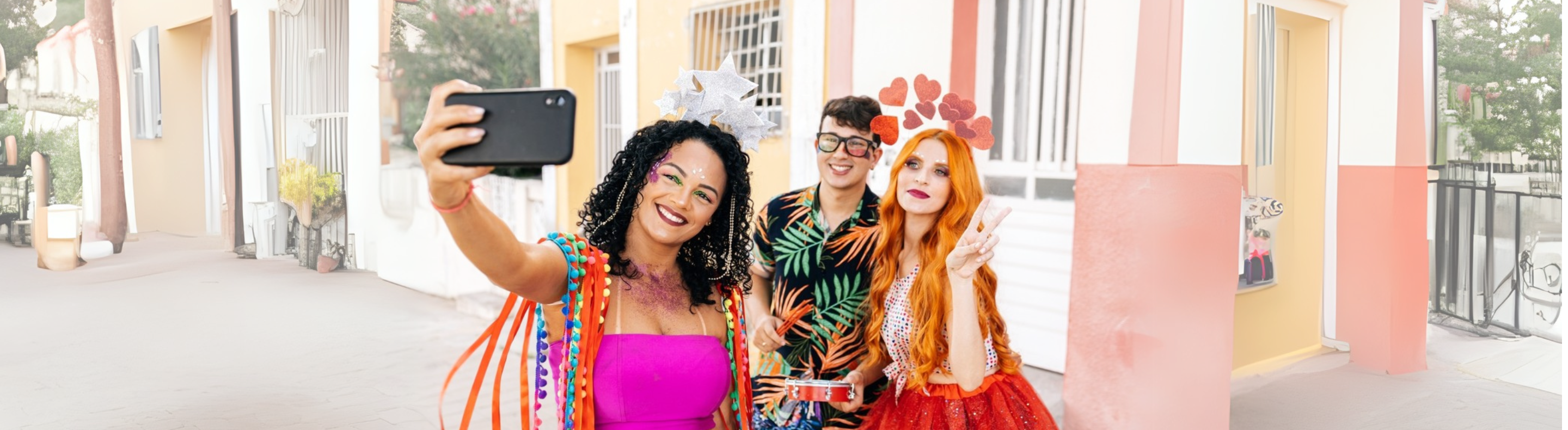 Foto de pessoas vestidas para o carnaval fazendo uma selfie