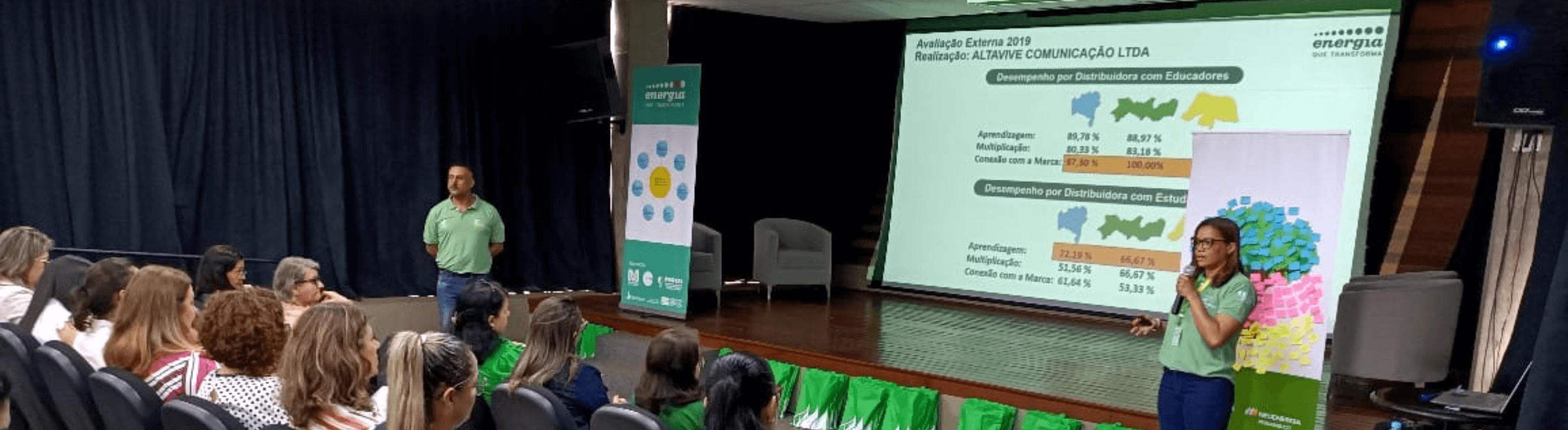 Colaboradores da Neoenergia orientando professores