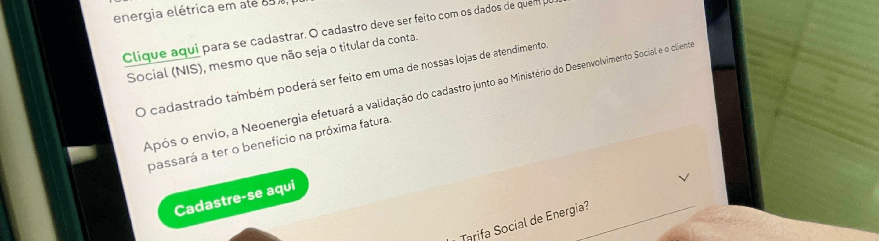 Imagem da homepage de Tarifa Social de Energia Elétrica da Neoenergia