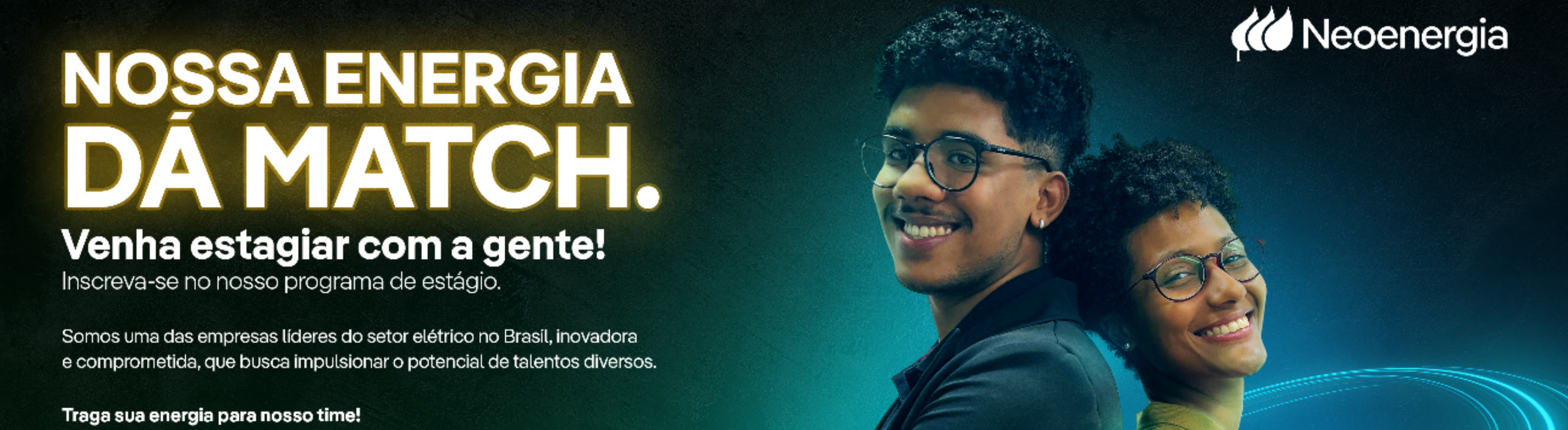 Imagem com o fundo predominante azul, com texto da tipografia led e dois jovens do sexo masculino e feminino de pele negra, sorrindo