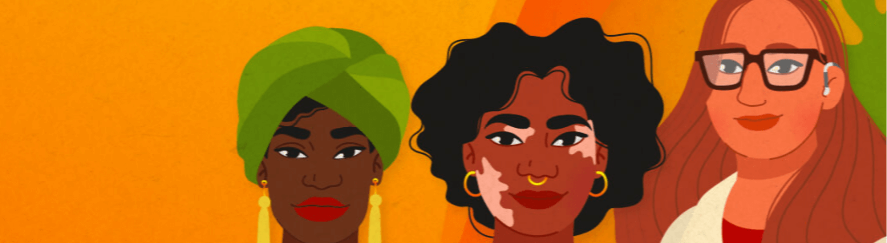 Arte visual com fundo laranja e três mulheres de etnias diferentes