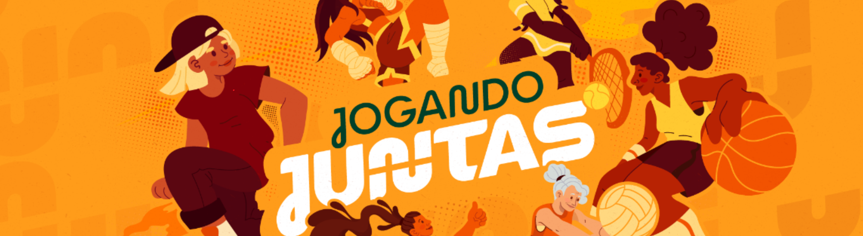 Banner de cor predominante laranja e amarelo com mulheres do esporte