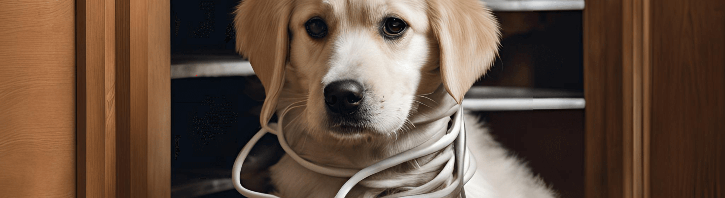 Cachorro enrolado em fiação elétrica