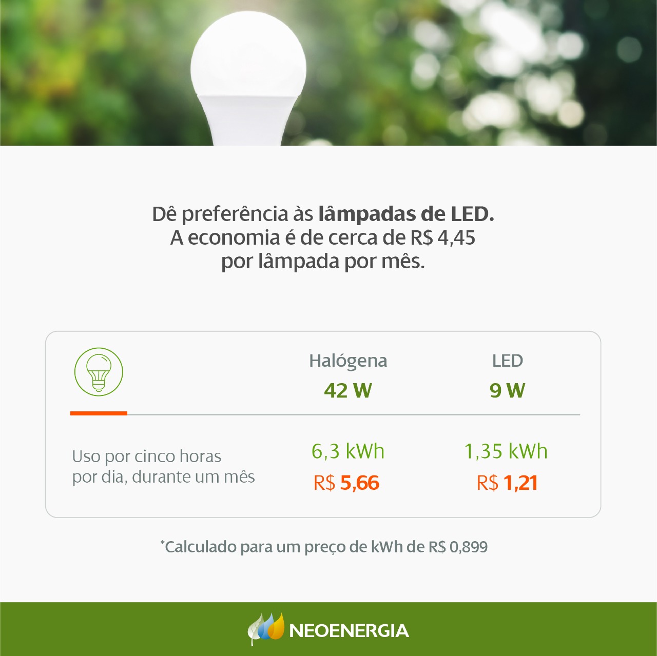 infografico com lampadas e dados de gasto de energia