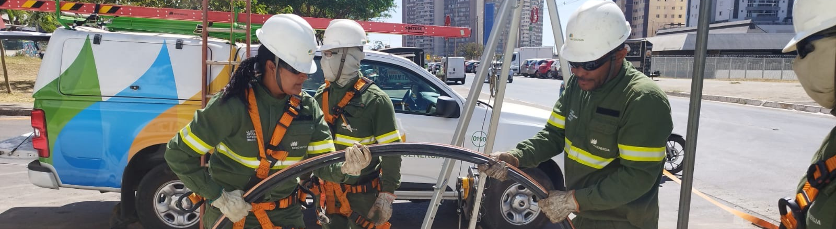 Imagem mostra eletricistas masculino e feminino trabalhando em rede de energia