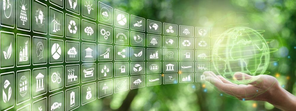 imagem verde com ícones sobre mercado livre e sustentabilidade