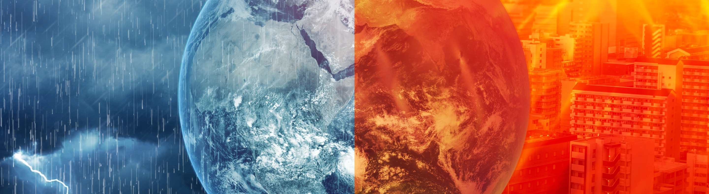 Cena da terra com diferentes climas. Chuva e trovões das nuvens escuras com luz solar e calor do tempo do céu. Conceitos de clima extremo, mudança climática ou aquecimento global