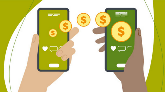 Arte com duas mãos segurando celulares com moedas passando de um para outro, simulando pagamento por pix