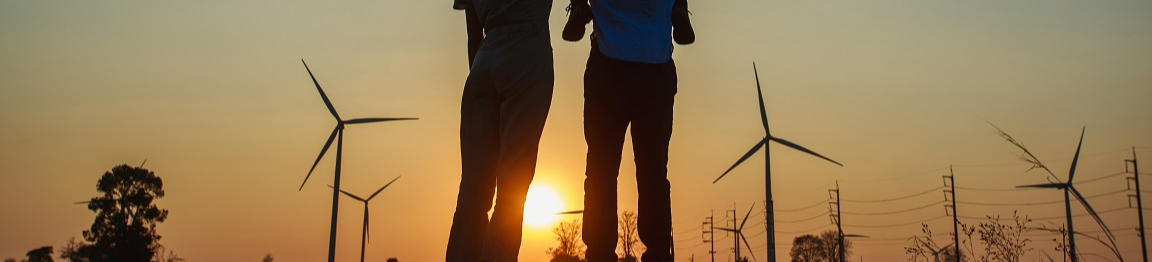 Sombra de duas pessoas em pé com sol e aerogeradores no fundo