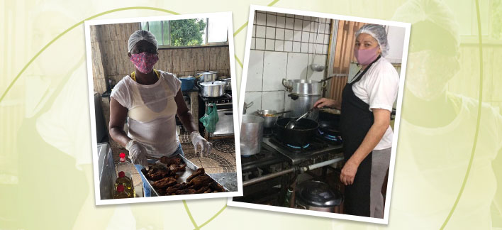 mulheres empreendedoras preparando quentinhas para distribuição
