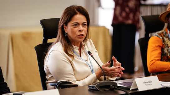 Foto de la ejecutiva Solange Ribeiro hablando durante el panel en la COP 27